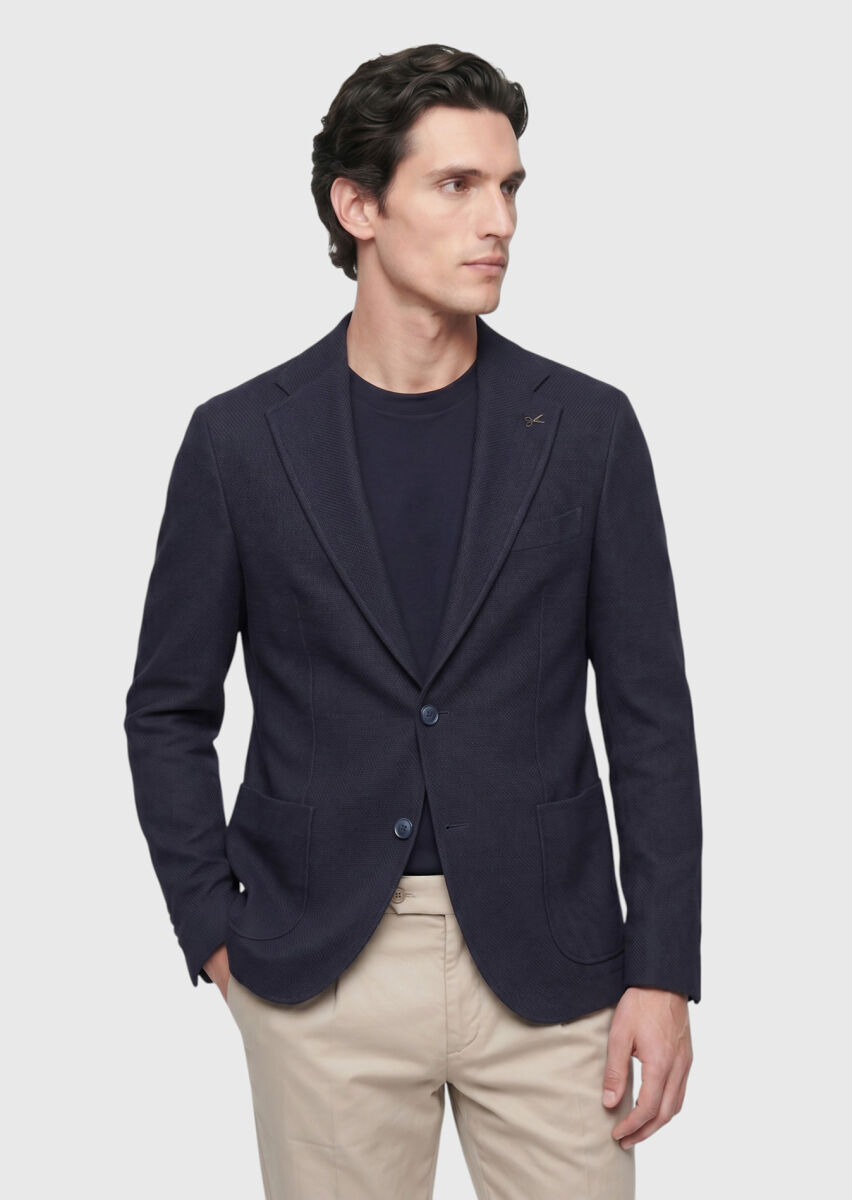 Light Navy Blue Shirt Shoulder Slim Fit Wool Blended Jacket - 2