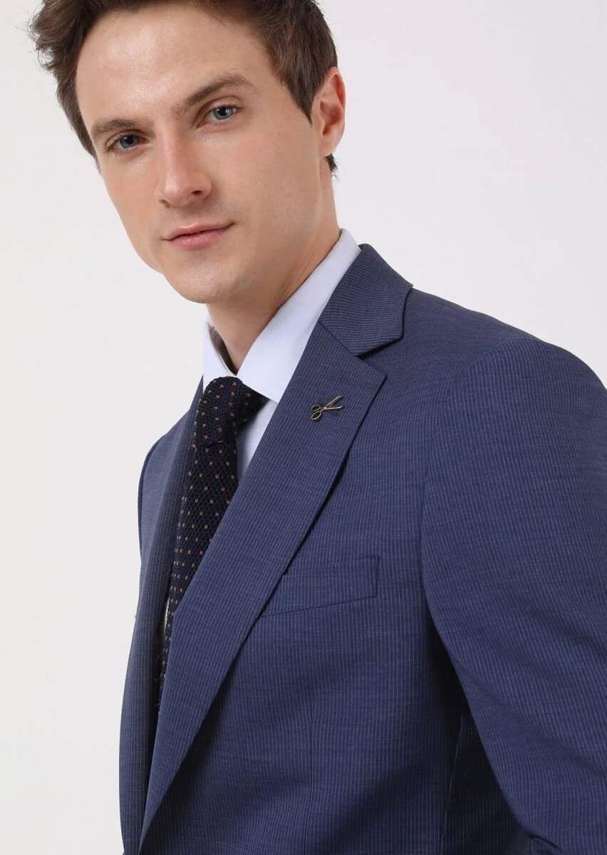 Light Navy Blue Striped Thin&Taller Slim Fit 100% Wool Suit - 2