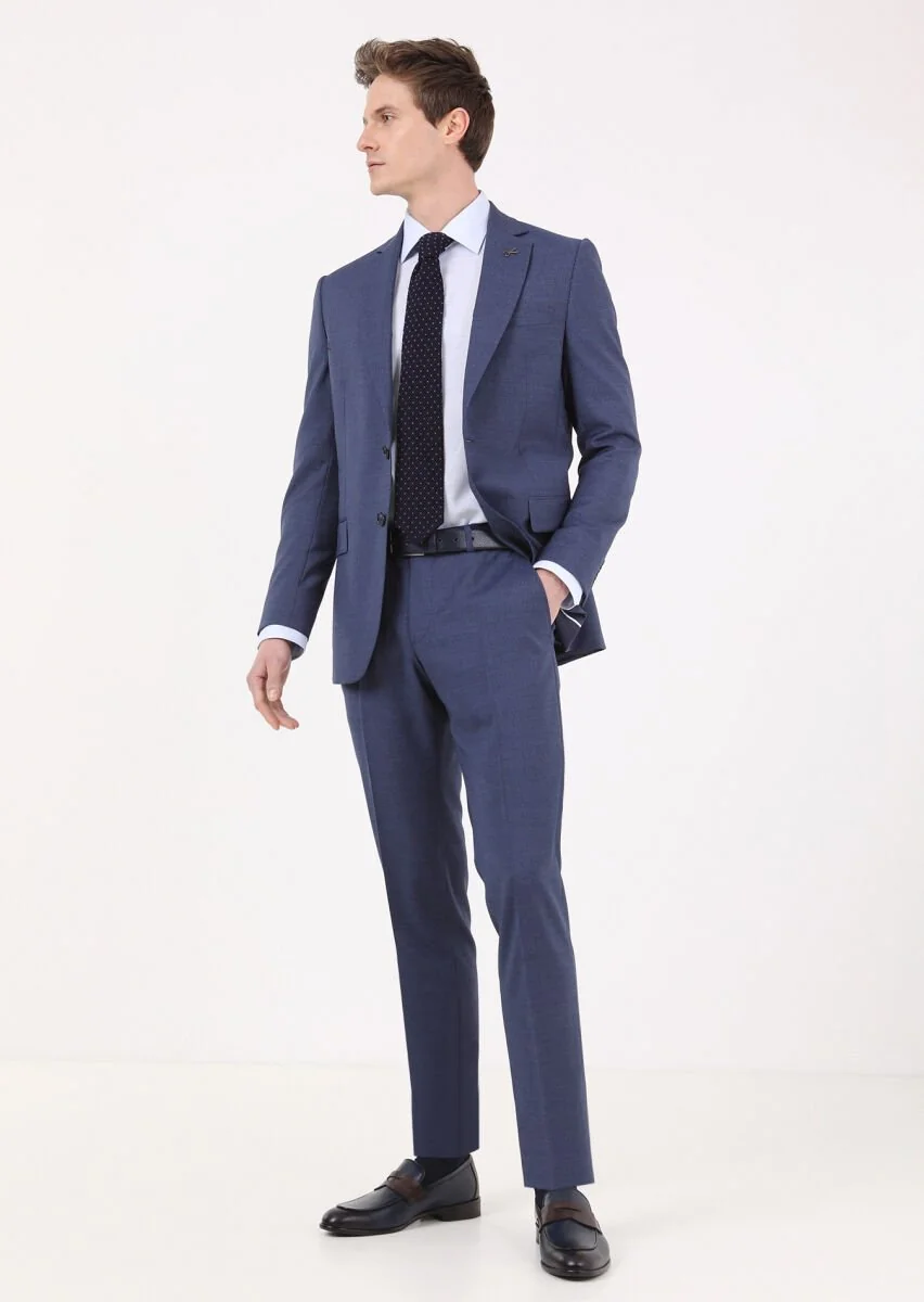 Light Navy Blue Striped Thin&Taller Slim Fit 100% Wool Suit - 3