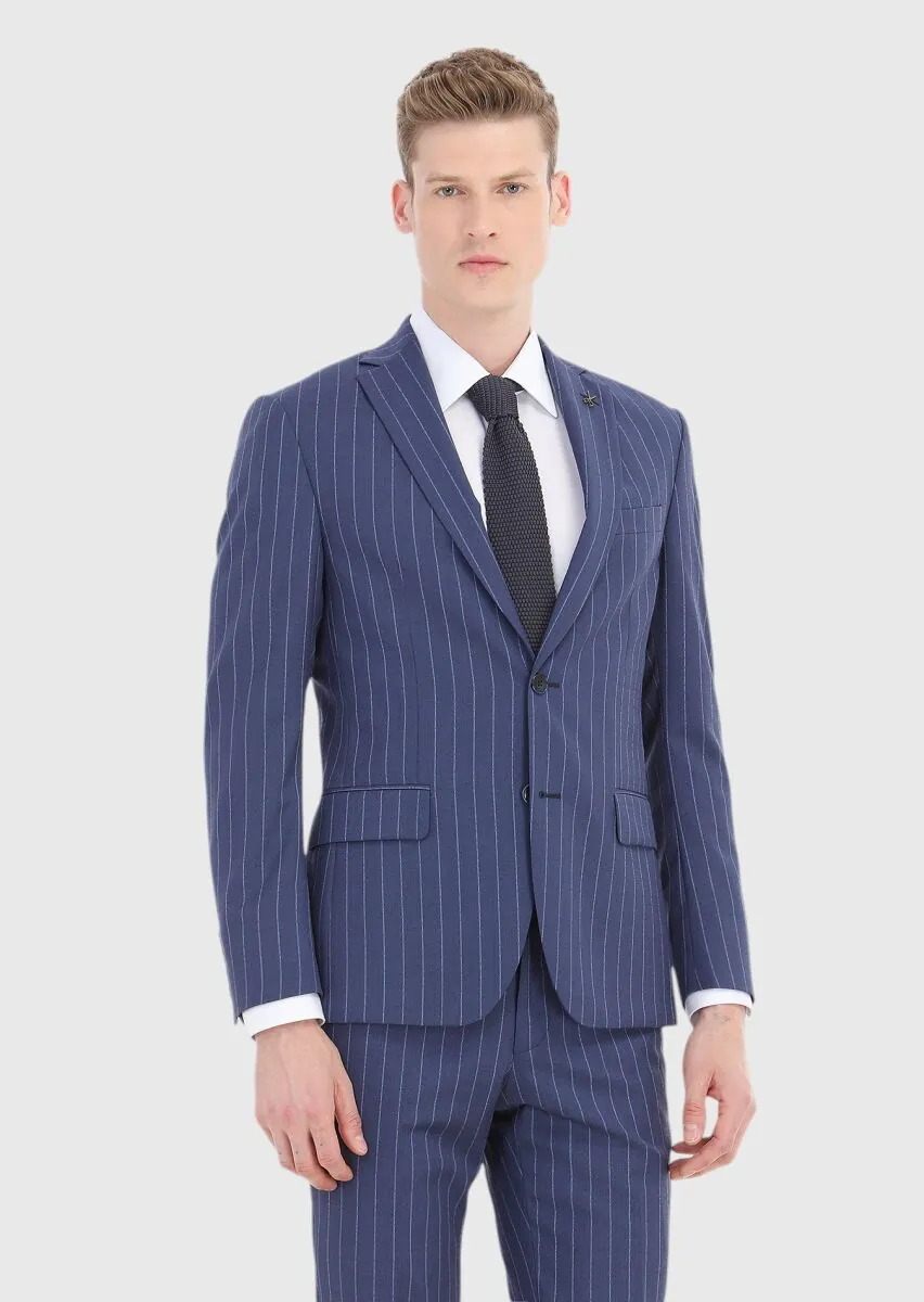 Light Navy Blue Striped Zeroweight Slim Fit 100% Wool Suit - 2