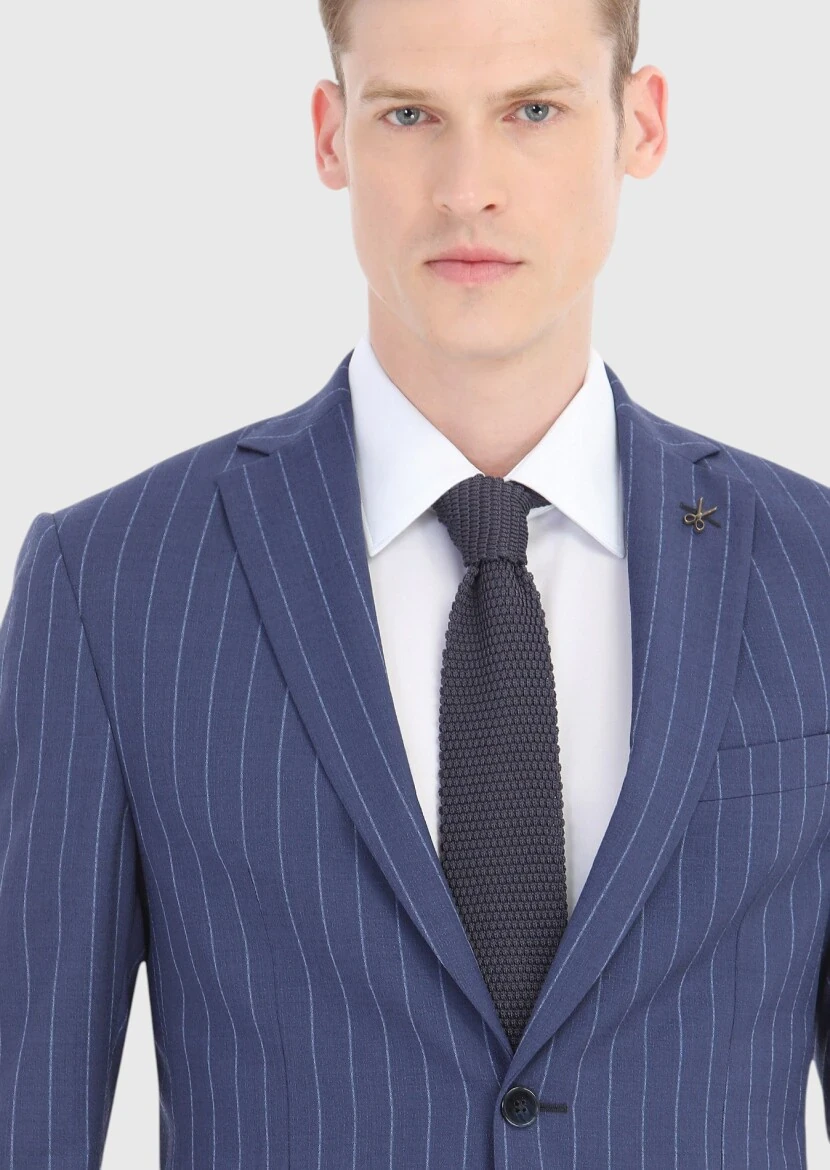 Light Navy Blue Striped Zeroweight Slim Fit 100% Wool Suit - 3