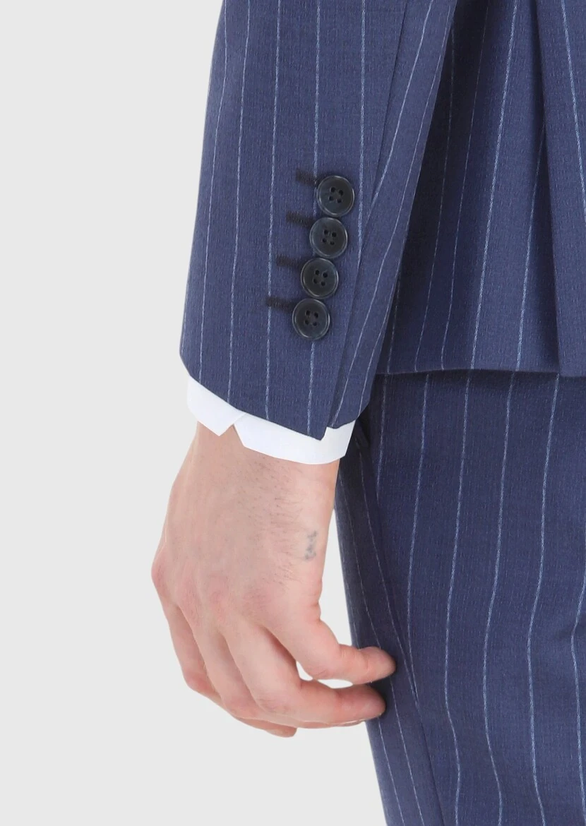 Light Navy Blue Striped Zeroweight Slim Fit 100% Wool Suit - 4
