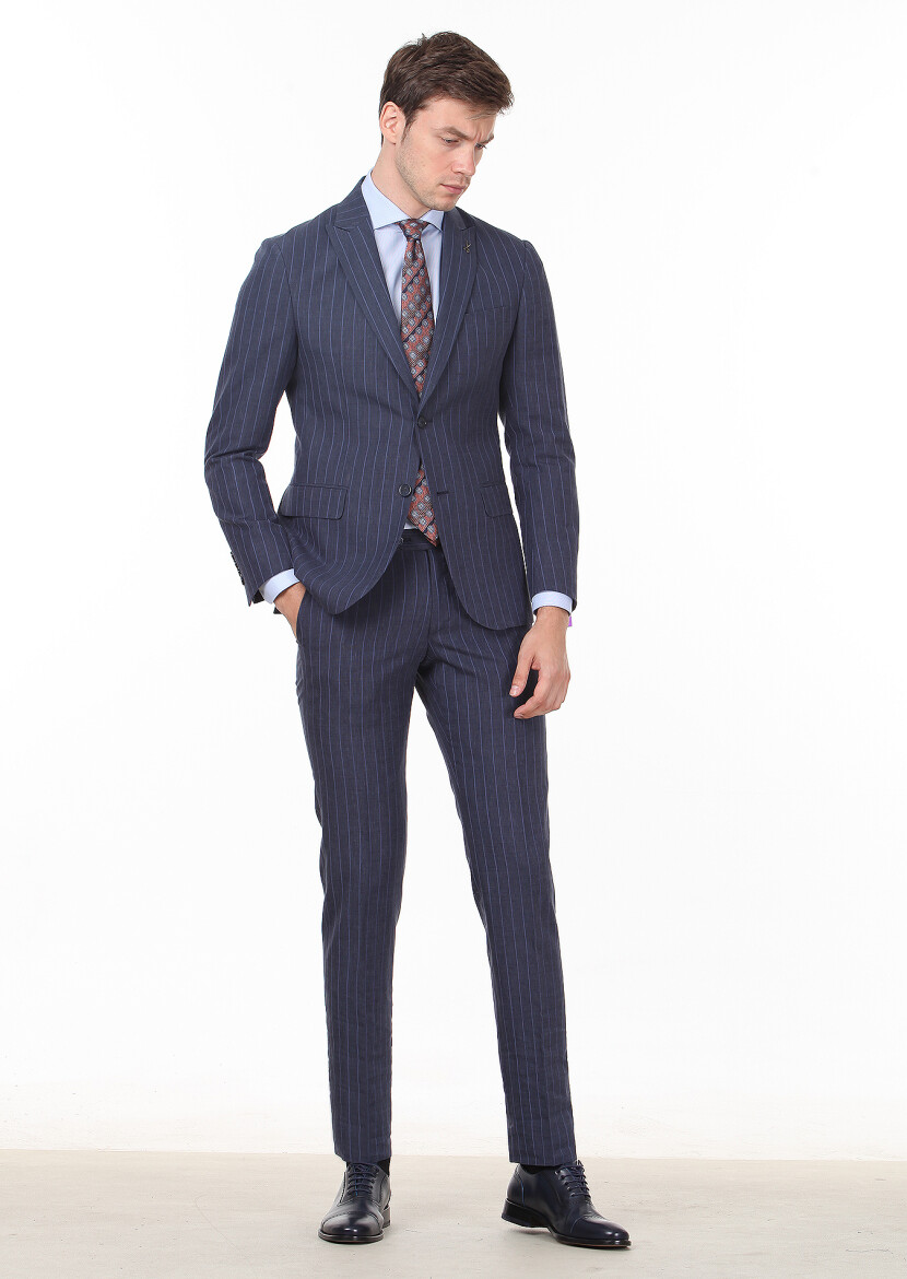 Light Navy Blue Striped Zeroweight Slim Fit Wool Blended Suit - 1