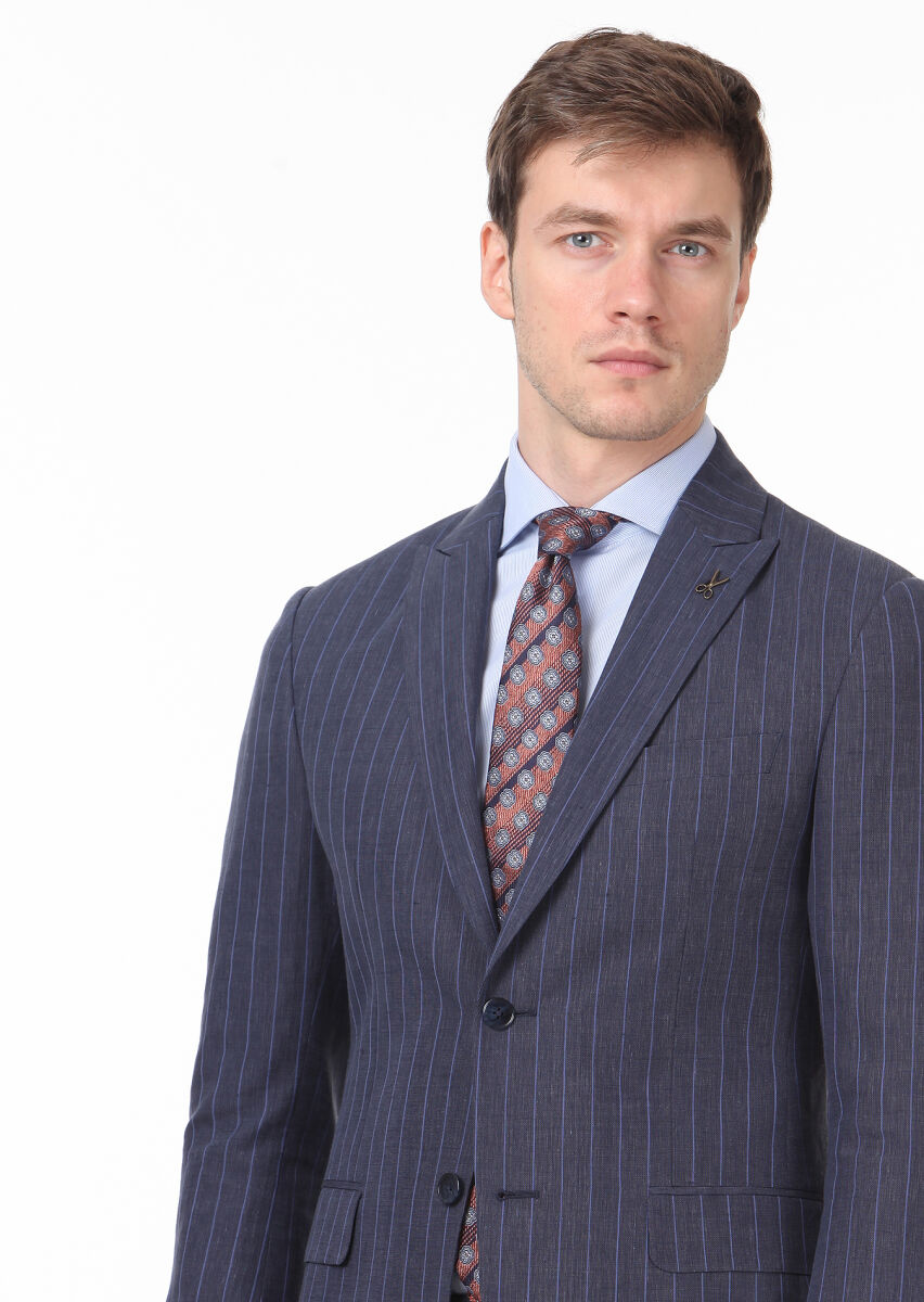 Light Navy Blue Striped Zeroweight Slim Fit Wool Blended Suit - 2