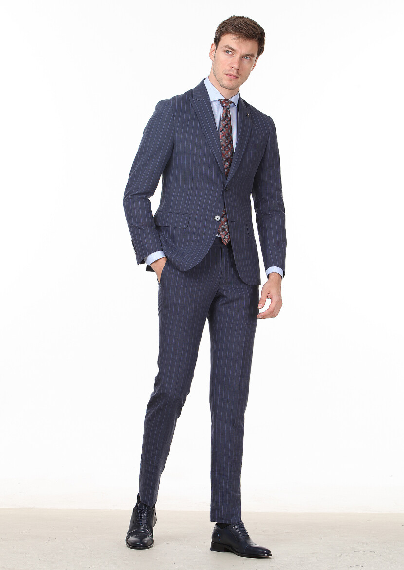 Light Navy Blue Striped Zeroweight Slim Fit Wool Blended Suit - 3