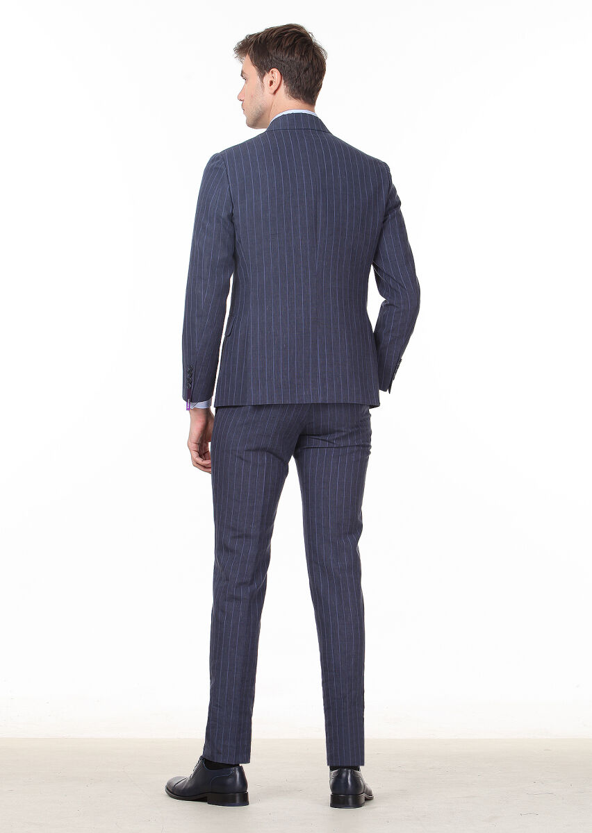 Light Navy Blue Striped Zeroweight Slim Fit Wool Blended Suit - 4
