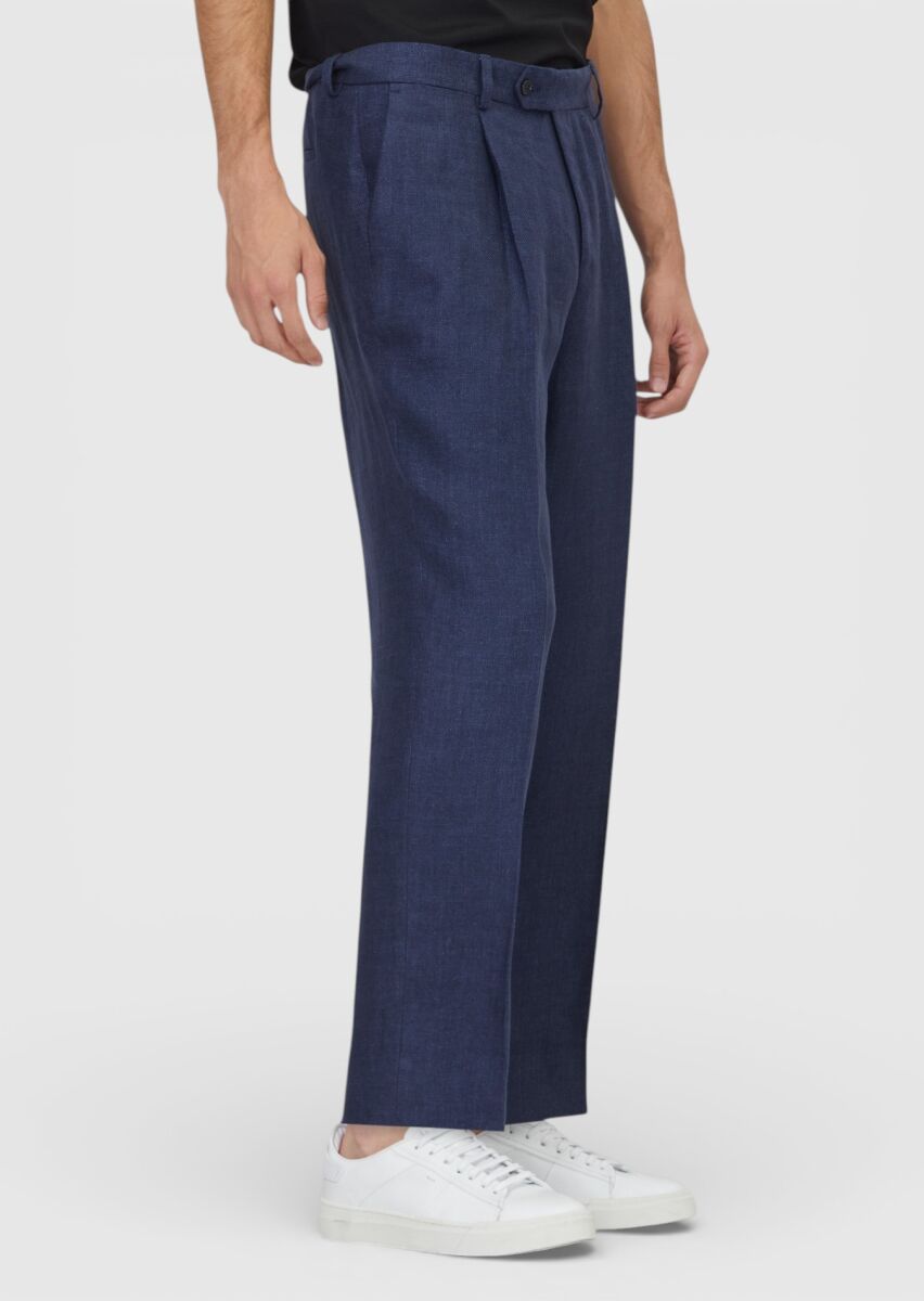 Light Navy Blue Weaving Comfort Fit Casual 100% Linen Trousers - 2