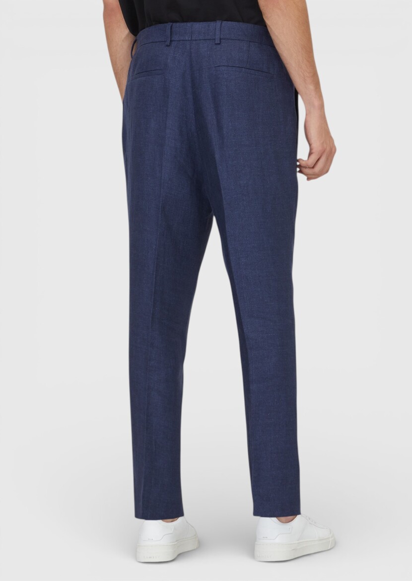 Light Navy Blue Weaving Comfort Fit Casual 100% Linen Trousers - 5