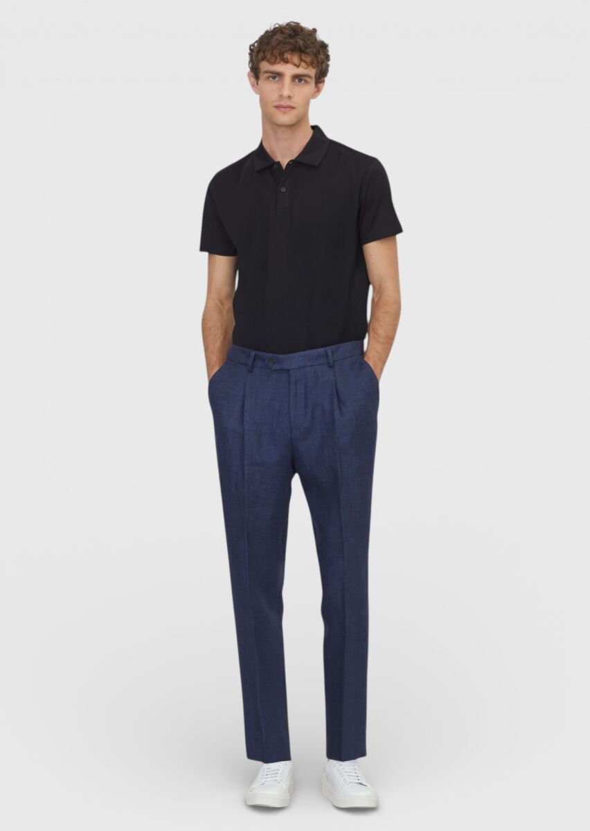 Light Navy Blue Weaving Comfort Fit Casual 100% Linen Trousers - 1