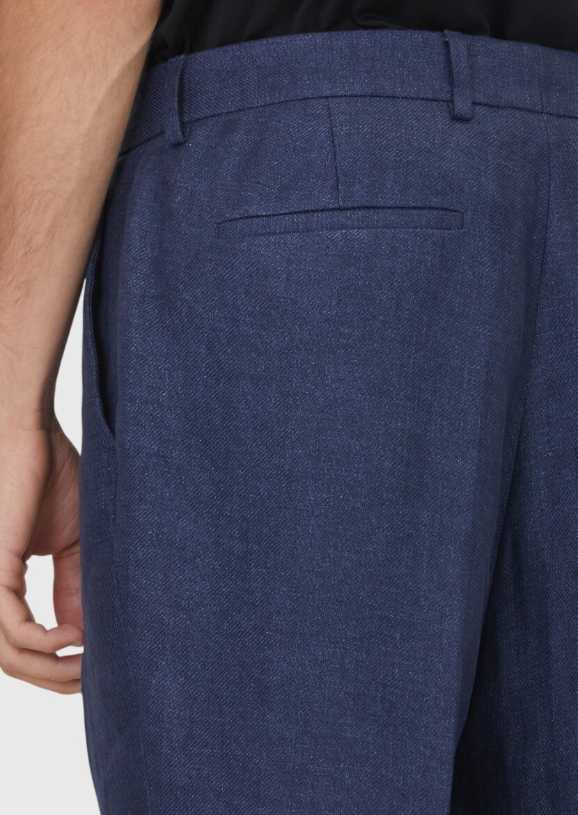Light Navy Blue Weaving Comfort Fit Casual 100% Linen Trousers - 4