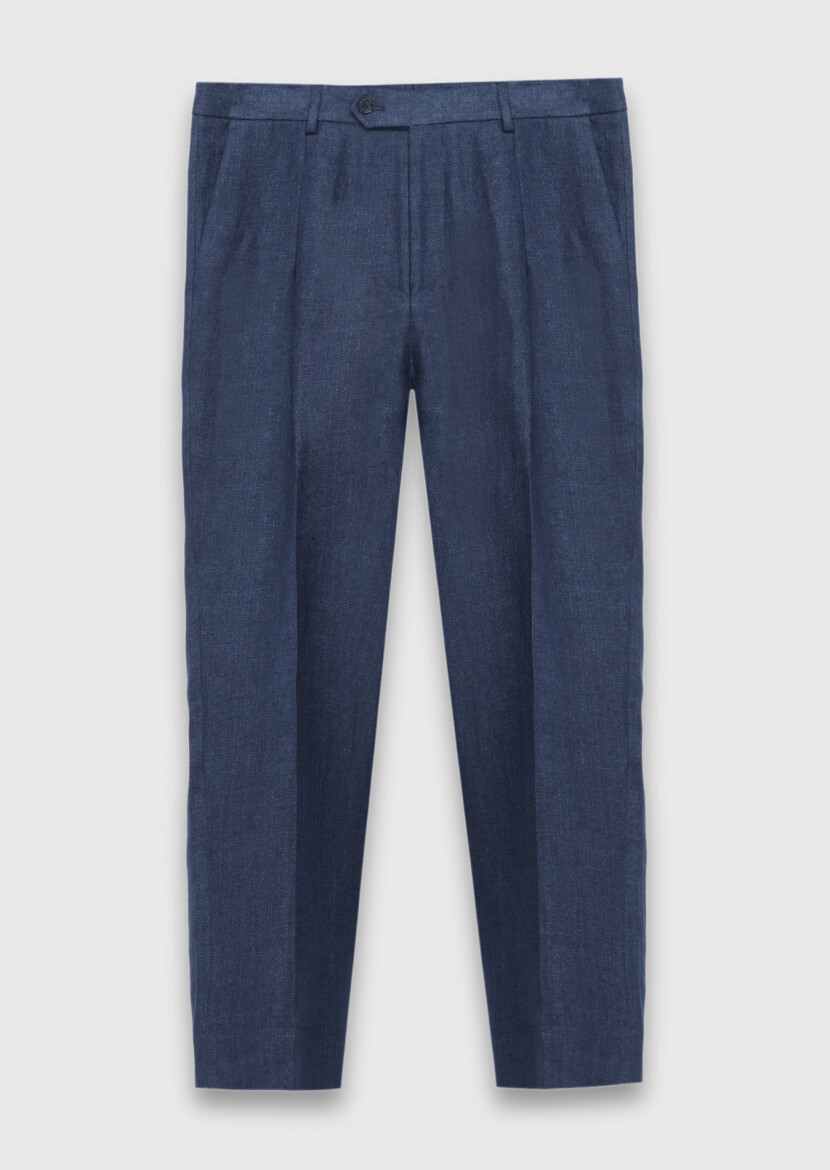 Light Navy Blue Weaving Comfort Fit Casual 100% Linen Trousers - 6