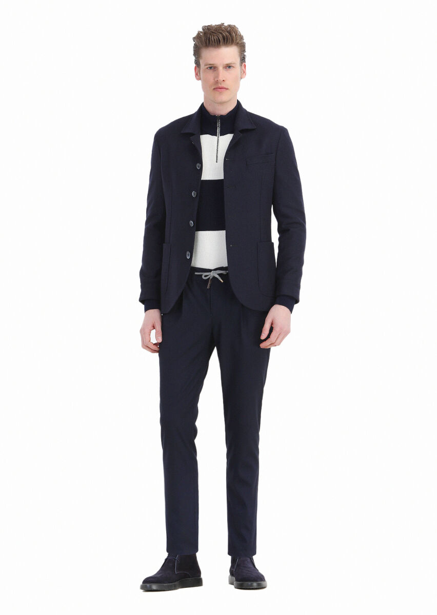 Light Navy Blue Weaving Jogging Fit Casual Trousers - 3