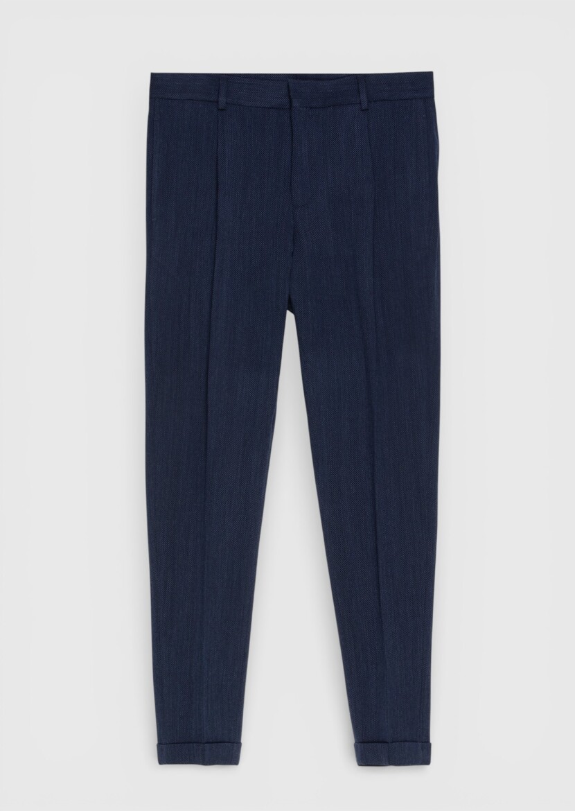 Light Navy Blue Weaving Regular Fit Casual Wool Blended Trousers 