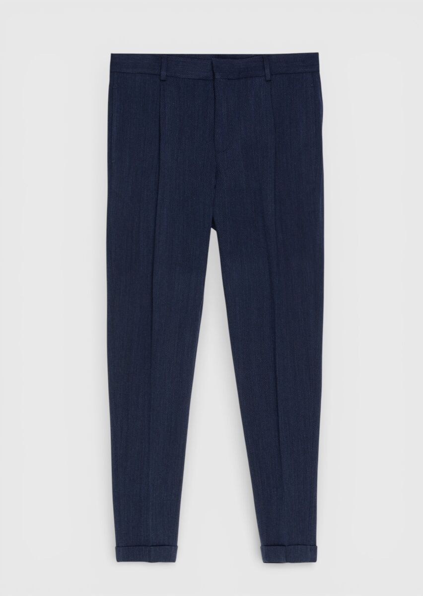 Light Navy Blue Weaving Regular Fit Casual Wool Blended Trousers - 1