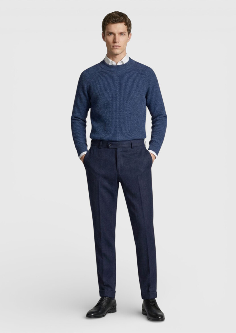 Light Navy Blue Weaving Regular Fit Casual Wool Blended Trousers - RAMSEY