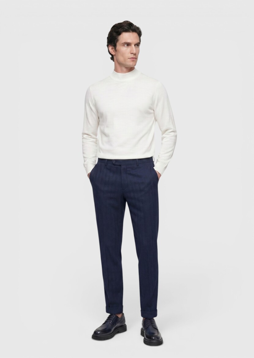 Light Navy Blue Weaving Regular Fit Casual Wool Blended Trousers - 1
