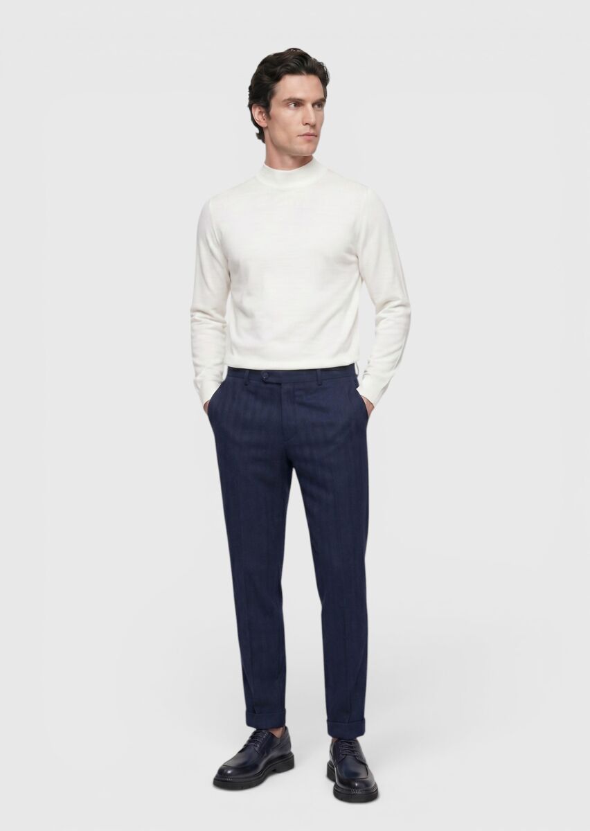 Light Navy Blue Weaving Regular Fit Casual Wool Blended Trousers - 1