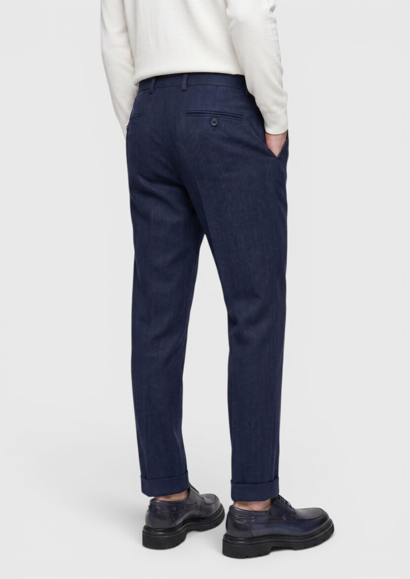 Light Navy Blue Weaving Regular Fit Casual Wool Blended Trousers - 4