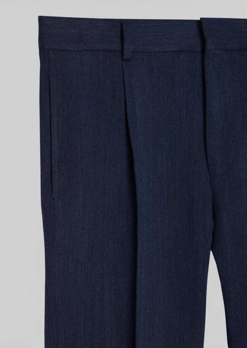 Light Navy Blue Weaving Regular Fit Casual Wool Blended Trousers - 6