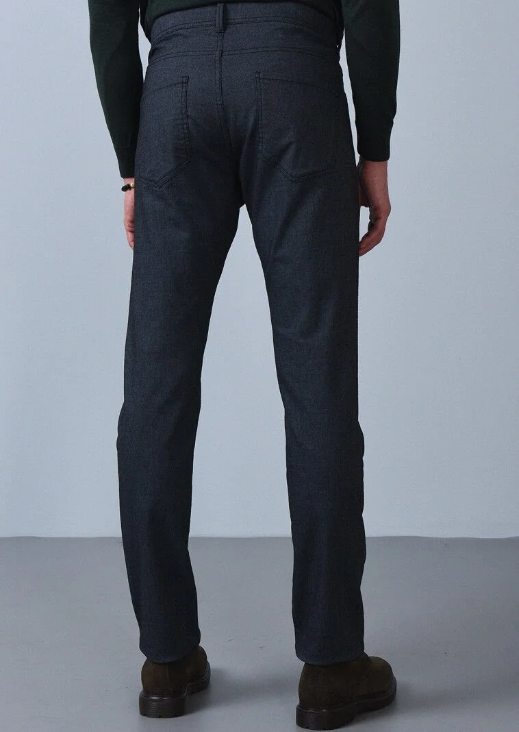 Light Navy Blue Weaving Slim Fit Casual Cotton Blended Trousers - 2