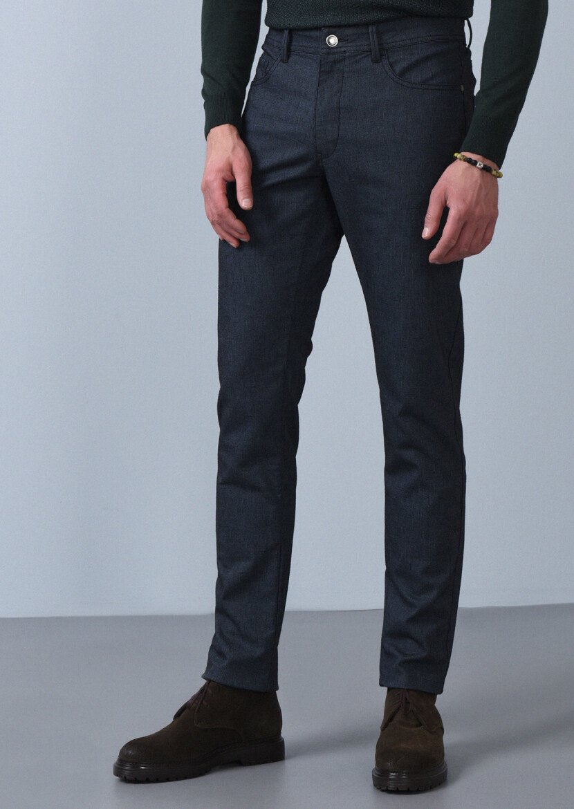 Light Navy Blue Weaving Slim Fit Casual Cotton Blended Trousers - 3