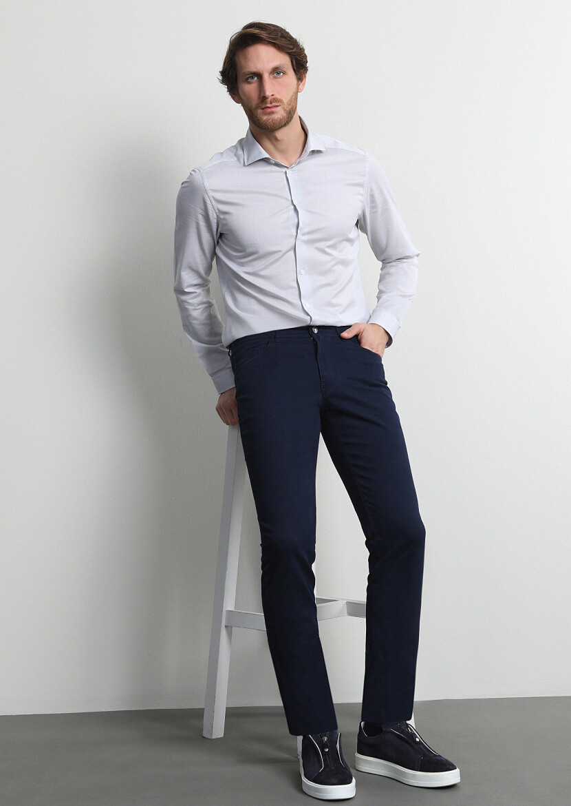 Light Navy Blue Weaving Slim Fit Casual Cotton Blended Trousers - 2