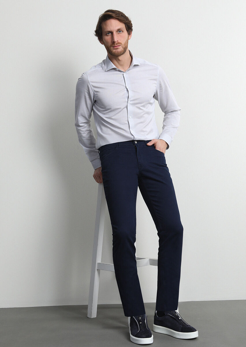 Light Navy Blue Weaving Slim Fit Casual Cotton Blended Trousers - 2