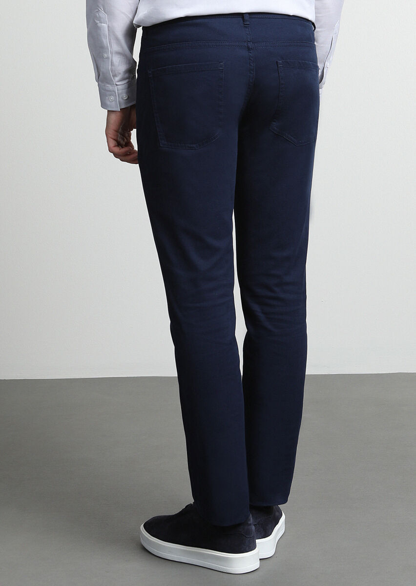 Light Navy Blue Weaving Slim Fit Casual Cotton Blended Trousers - 3