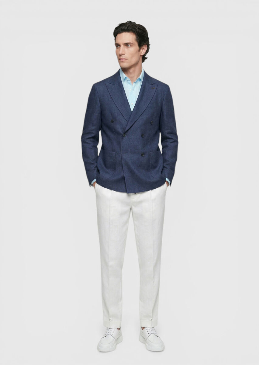 Light Navy Blue Zeroweight Slim Fit 100% Linen Jacket - 1