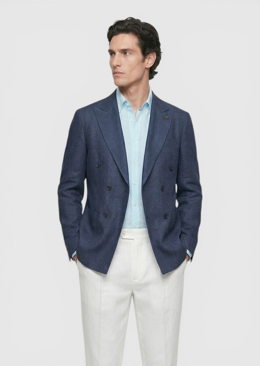 Light Navy Blue Zeroweight Slim Fit 100% Linen Jacket - 2
