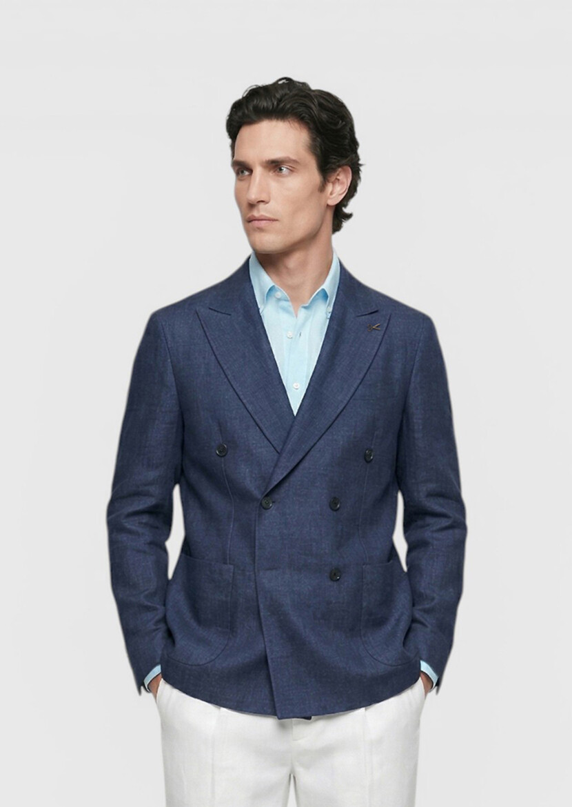 Light Navy Blue Zeroweight Slim Fit 100% Linen Jacket - RAMSEY