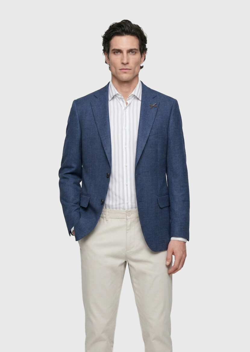 Light Navy Blue Zeroweight Slim Fit 100% Linen Jacket - RAMSEY