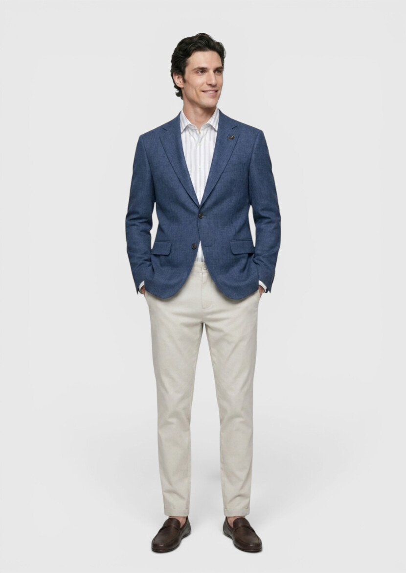 Light Navy Blue Zeroweight Slim Fit 100% Linen Jacket - RAMSEY