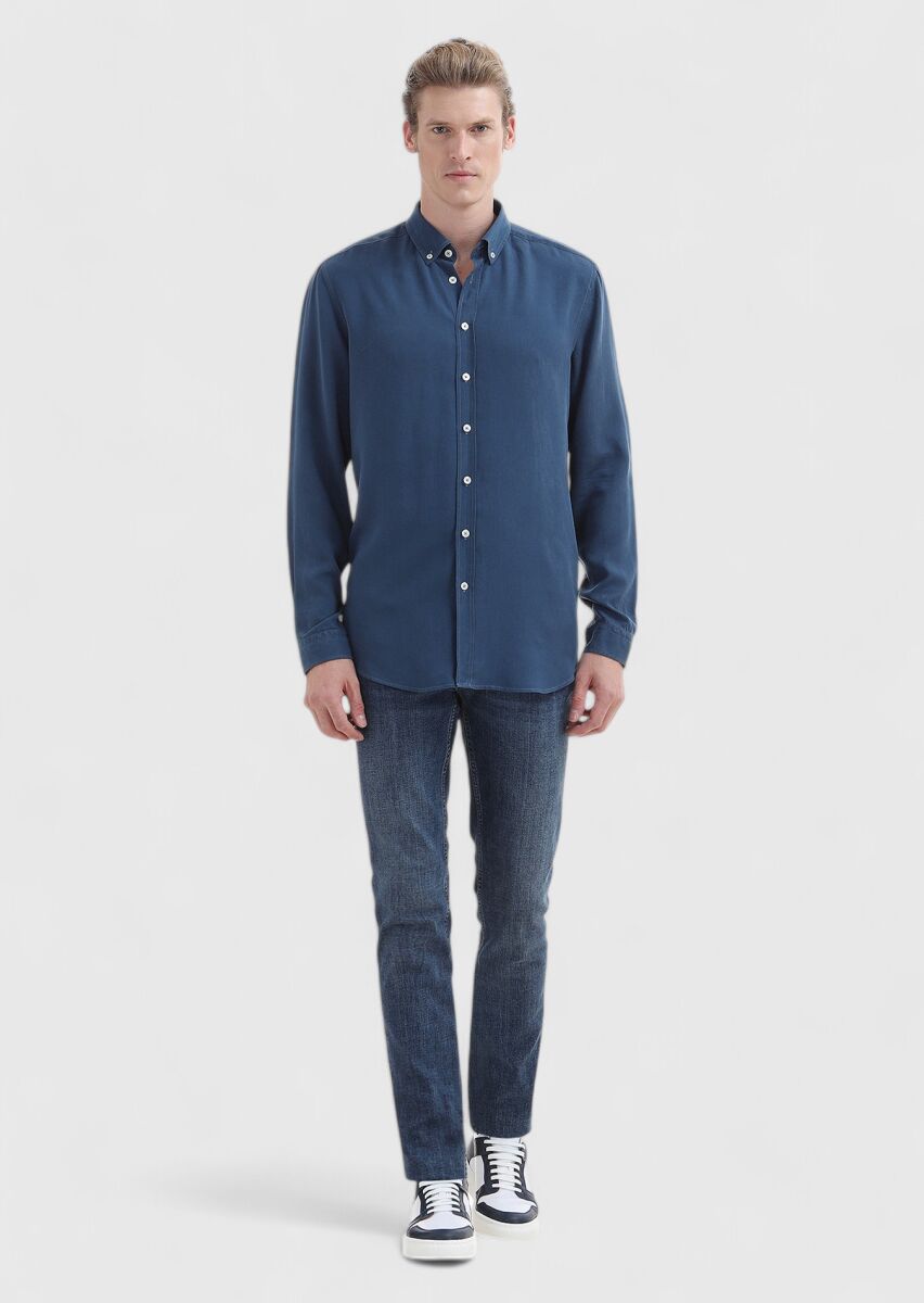 Light Petrol Blue Plain Regular Fit Long Weaving Casual Shirt - 1