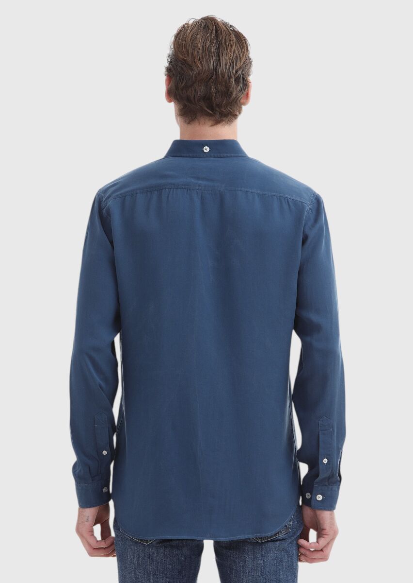 Light Petrol Blue Plain Regular Fit Long Weaving Casual Shirt - 5