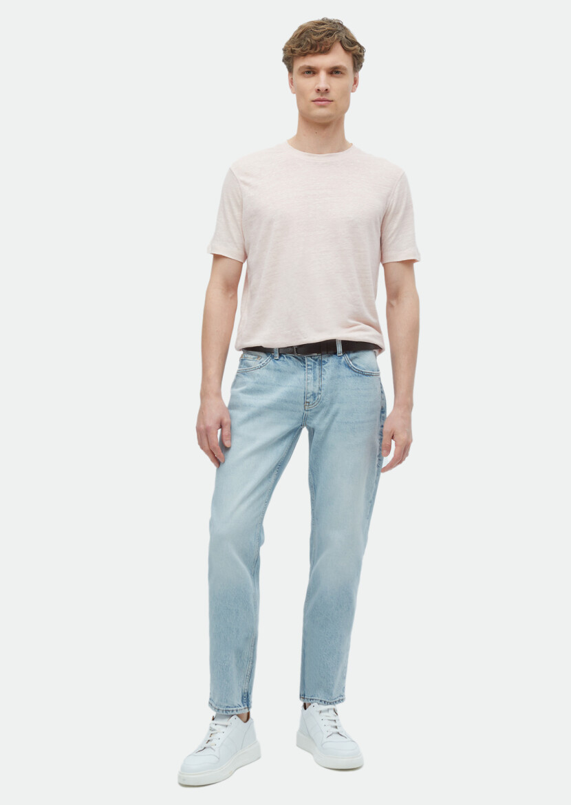 Light Pink Plain Crew Neck 100% Linen T-Shirt 