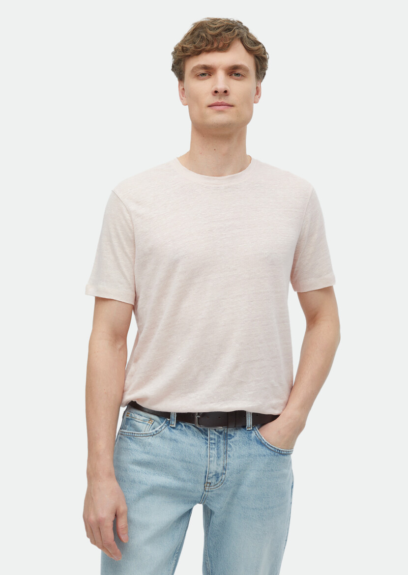 Light Pink Plain Crew Neck 100% Linen T-Shirt 