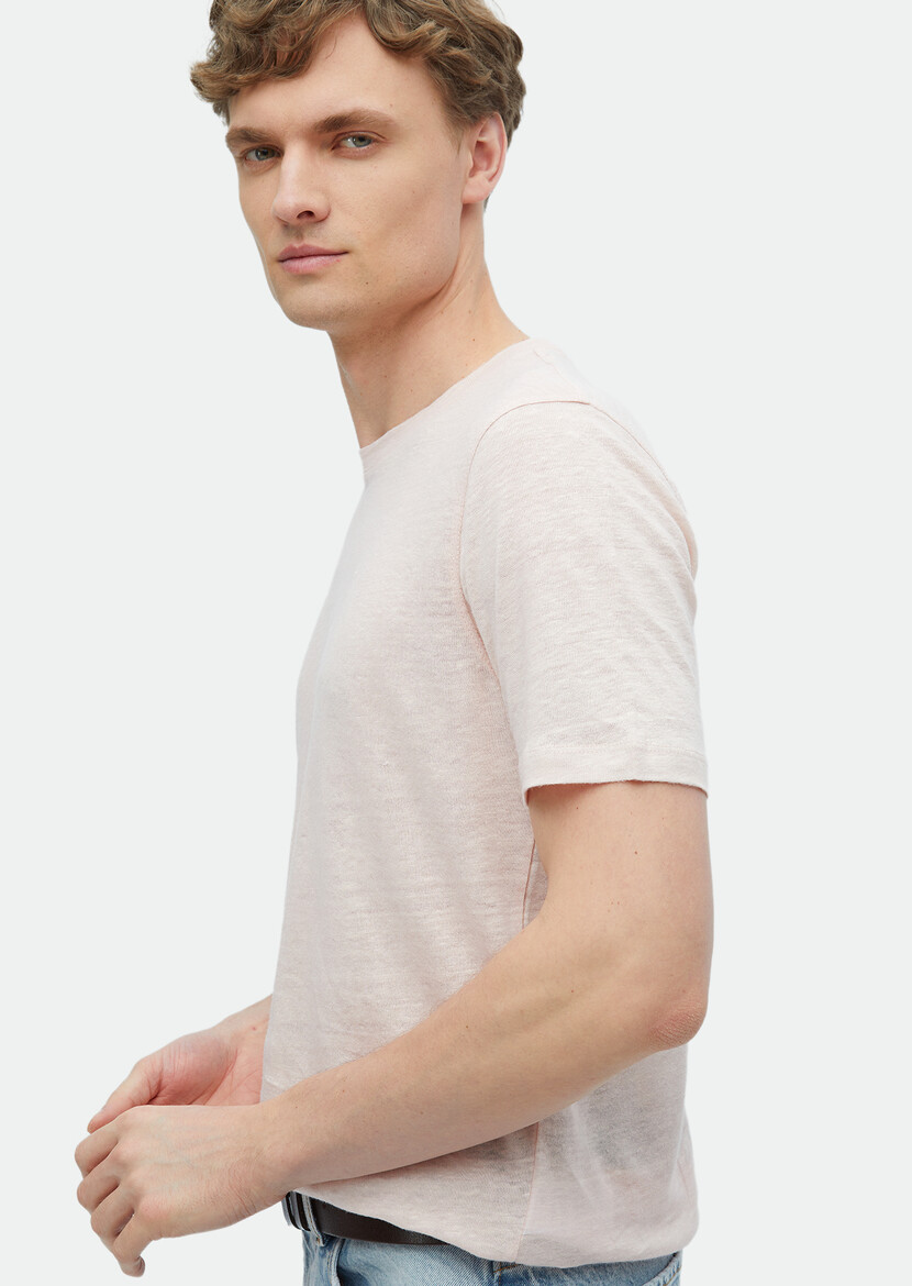 Light Pink Plain Crew Neck 100% Linen T-Shirt - 3