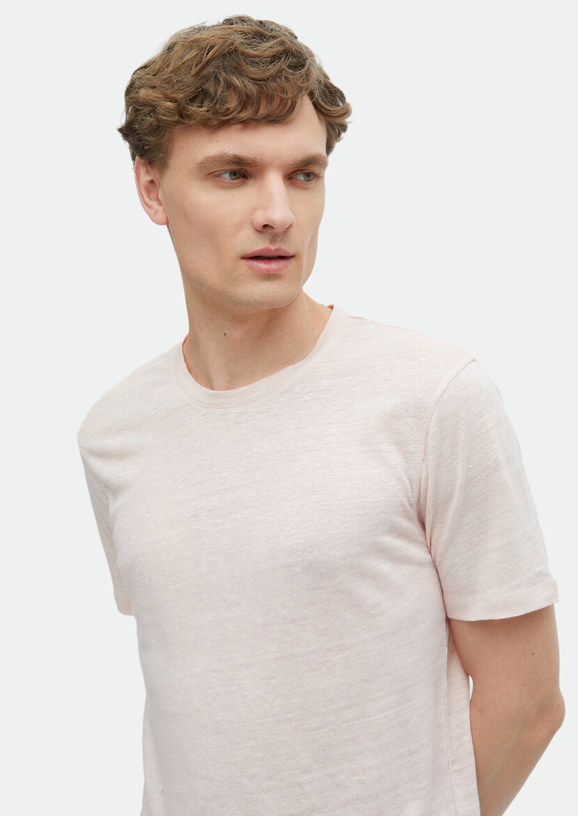 Light Pink Plain Crew Neck 100% Linen T-Shirt - 4