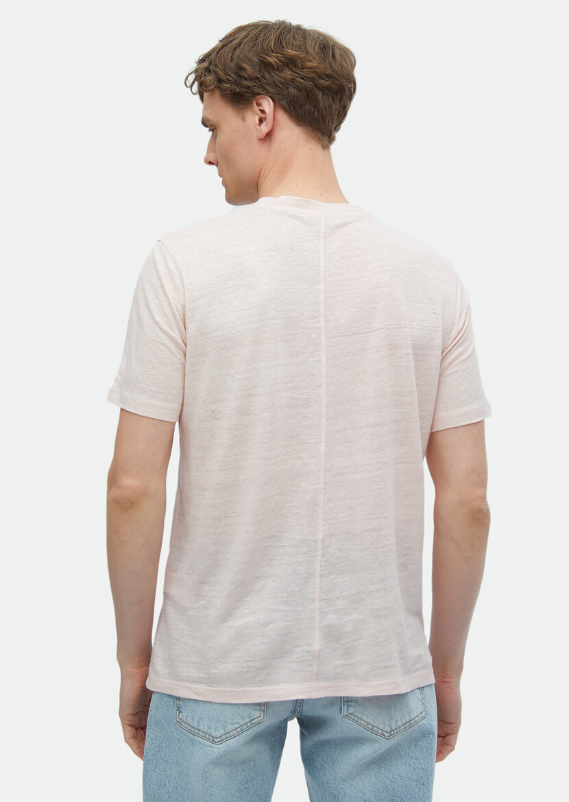 Light Pink Plain Crew Neck 100% Linen T-Shirt - 5