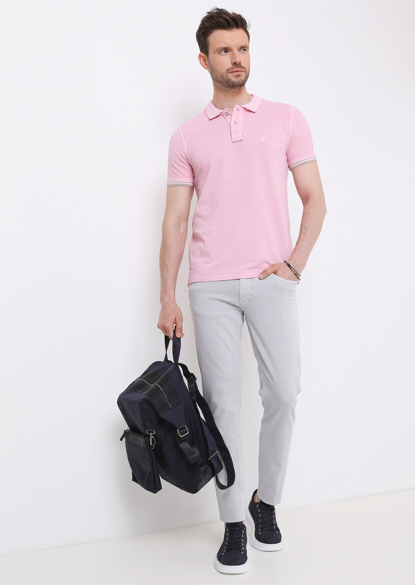 Light Pink Plain Polo Neck 100% Cotton T-Shirt - 2