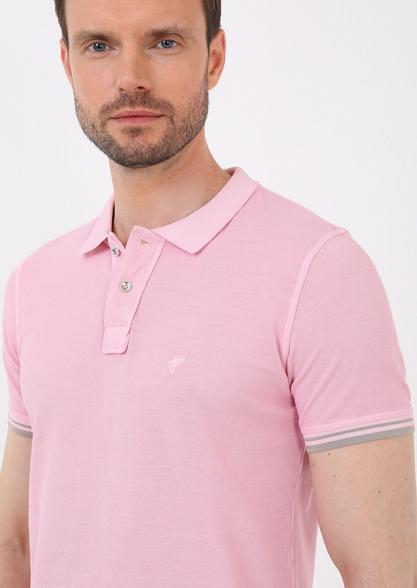 Light Pink Plain Polo Neck 100% Cotton T-Shirt - 3