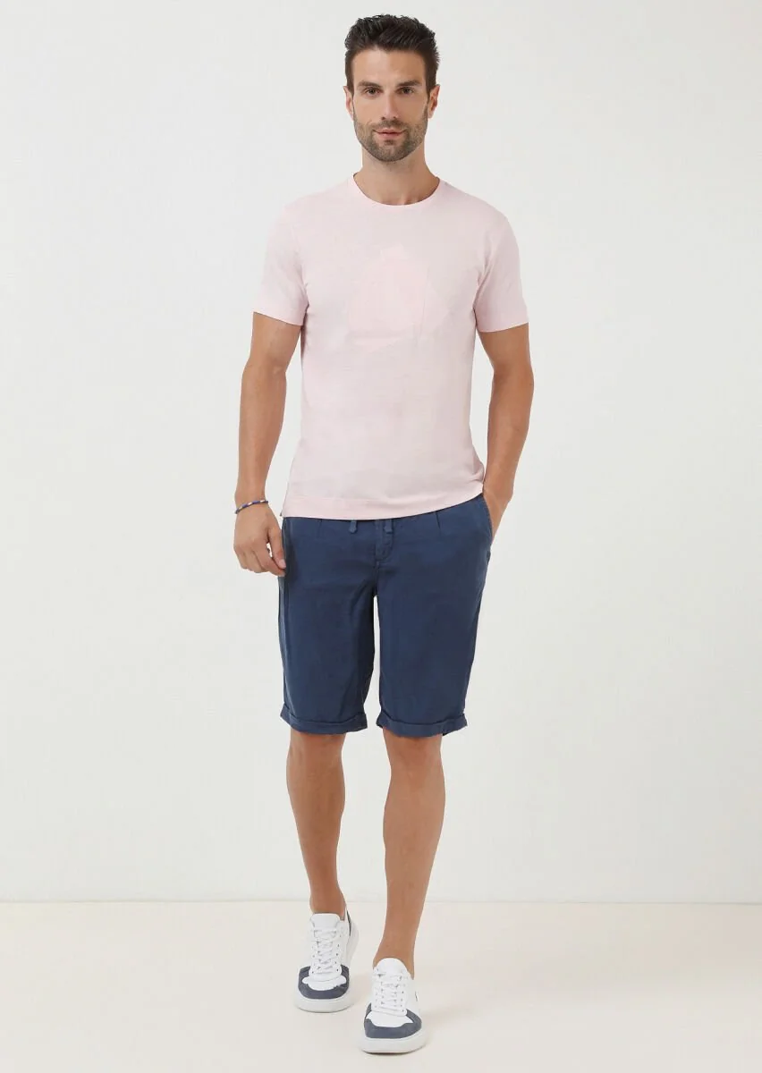 Light Pink Printed Crew Neck Cotton Blended T-Shirt - 2