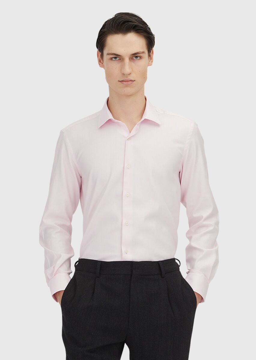 Light Pink Regular Fit Weaving Classical 100% Cotton Shirt - 1