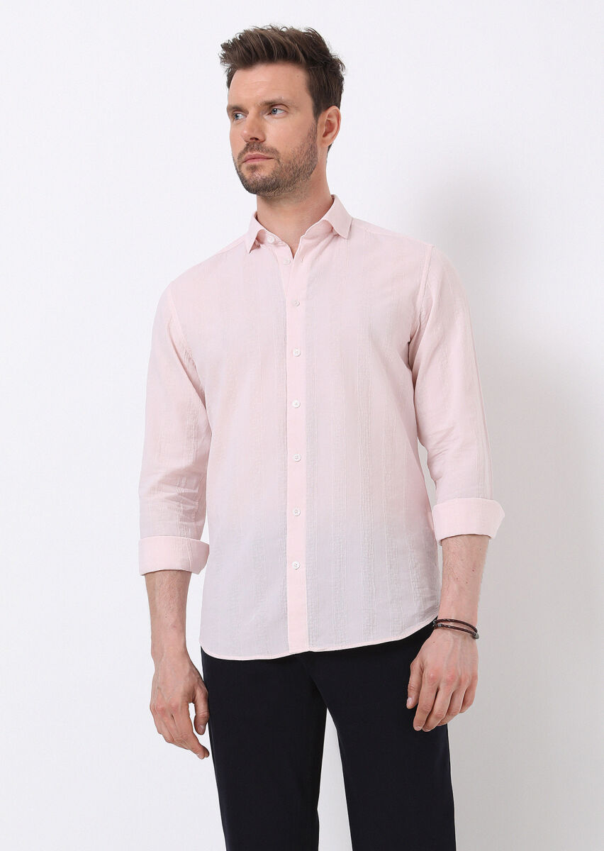 Light Pink Striped Slim Fit Long Weaving Casual 100% Cotton Shirt - 1