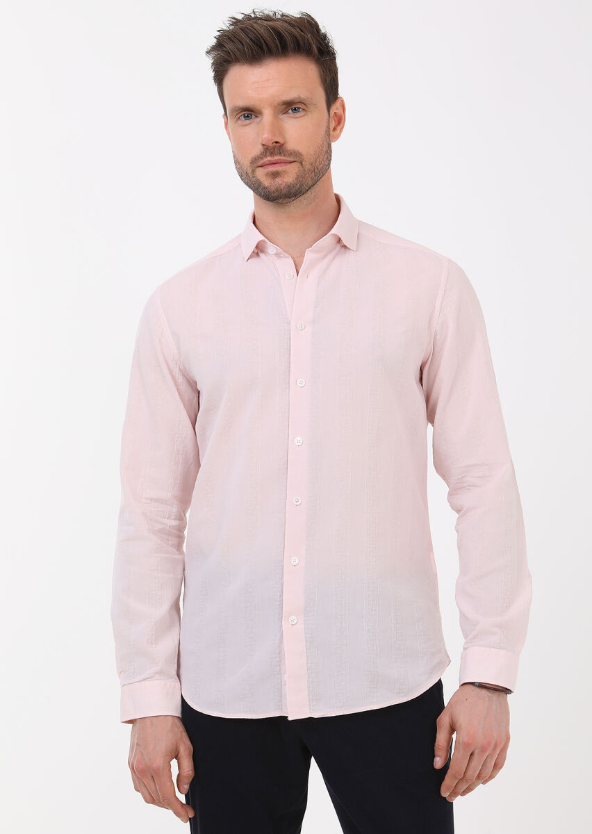 Light Pink Striped Slim Fit Long Weaving Casual 100% Cotton Shirt - 2