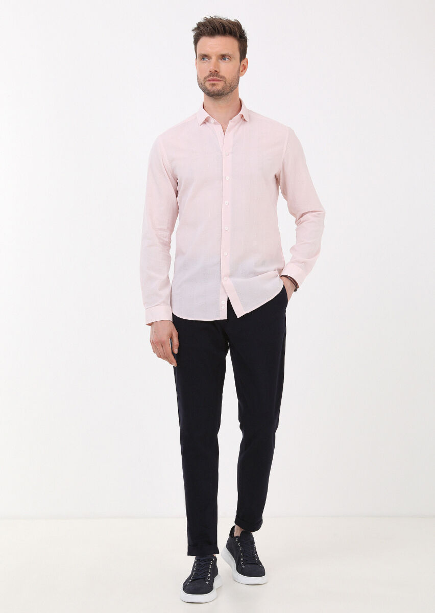 Light Pink Striped Slim Fit Long Weaving Casual 100% Cotton Shirt - 4