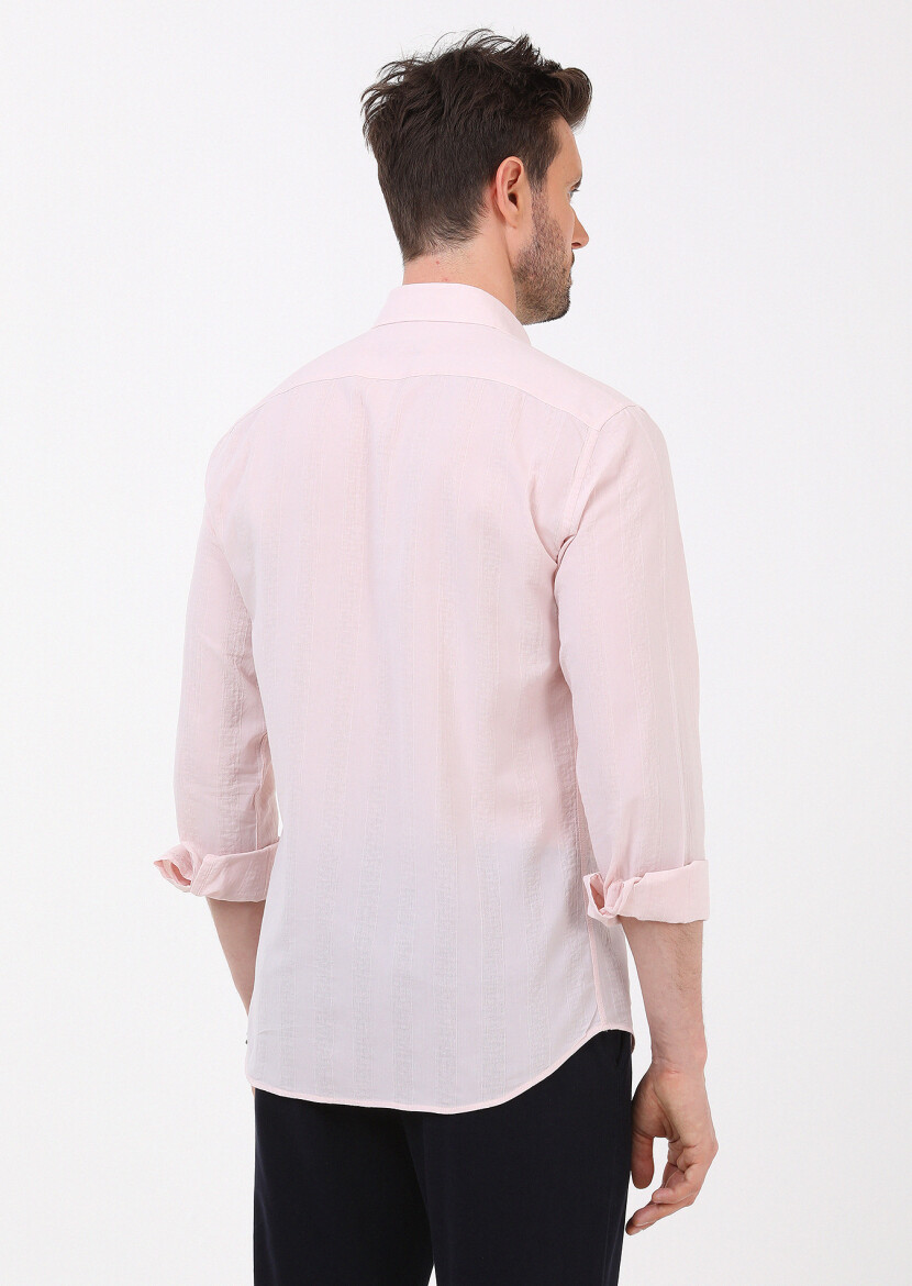 Light Pink Striped Slim Fit Long Weaving Casual 100% Cotton Shirt - 5