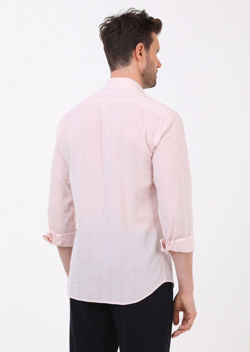 Light Pink Striped Slim Fit Long Weaving Casual 100% Cotton Shirt - 5