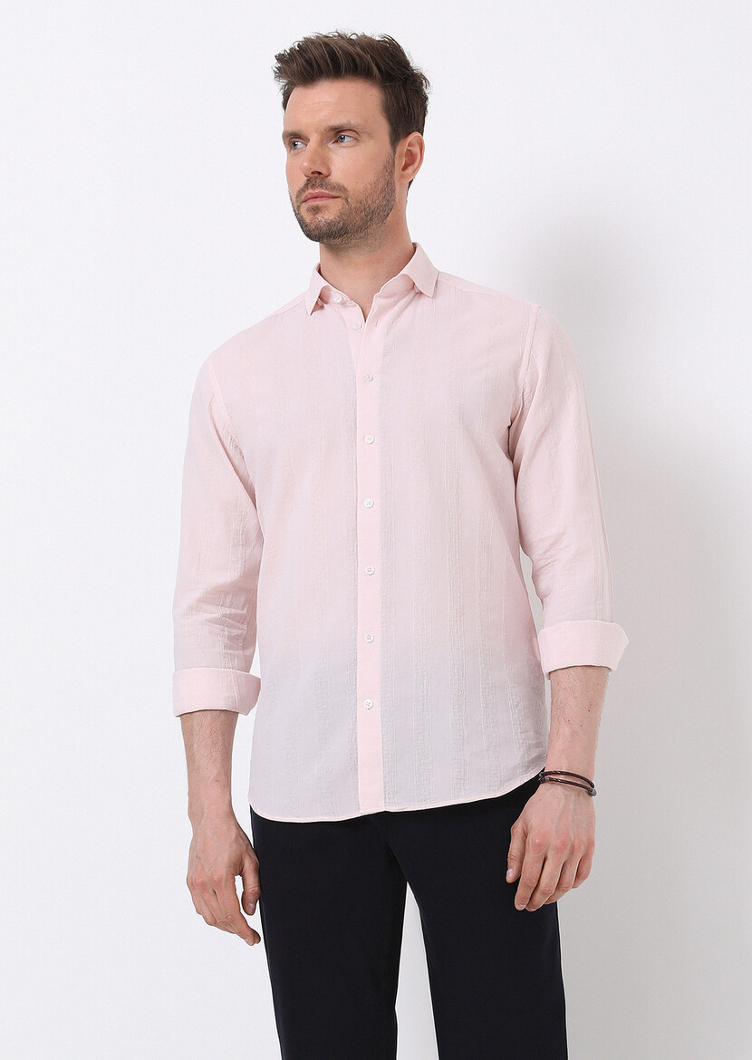 Light Pink Striped Slim Fit Weaving Casual 100% Cotton Shirt - 1